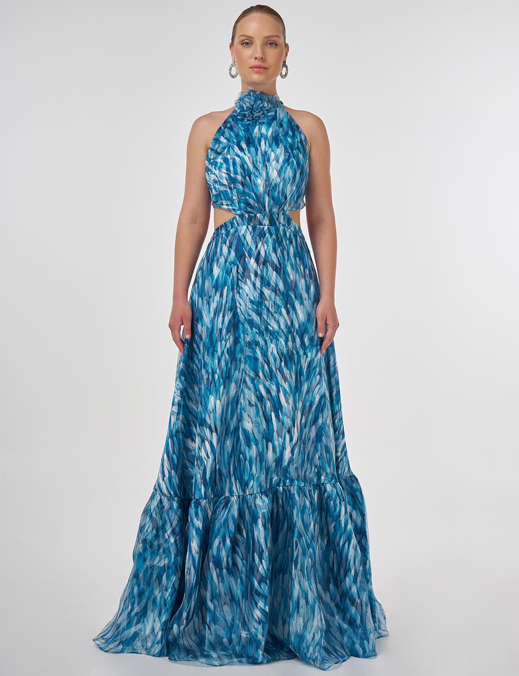 Abstract Pattern Ruffled Evening Dress Petrol