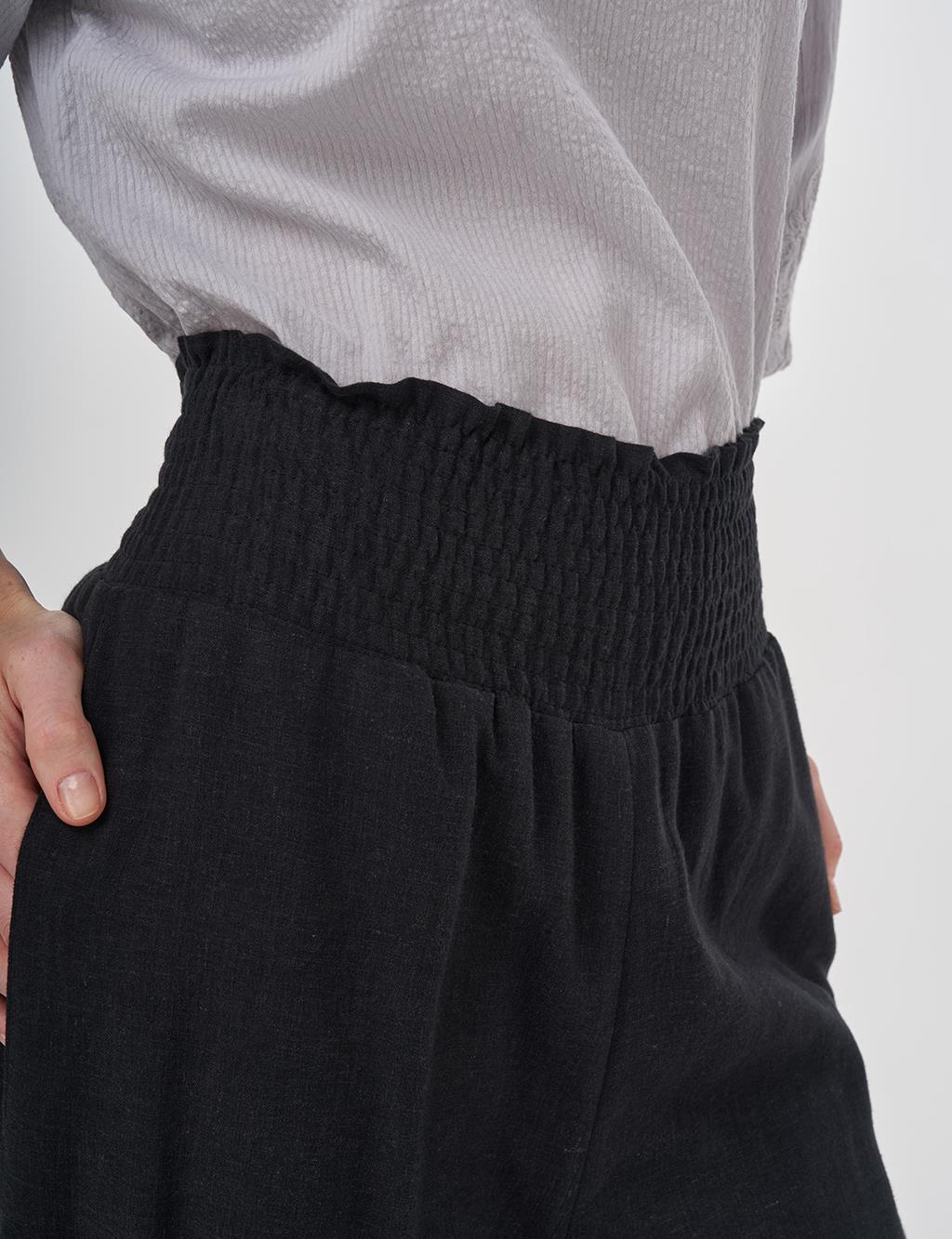 Smocked Stitch Linen-Viscose Pants Black 
