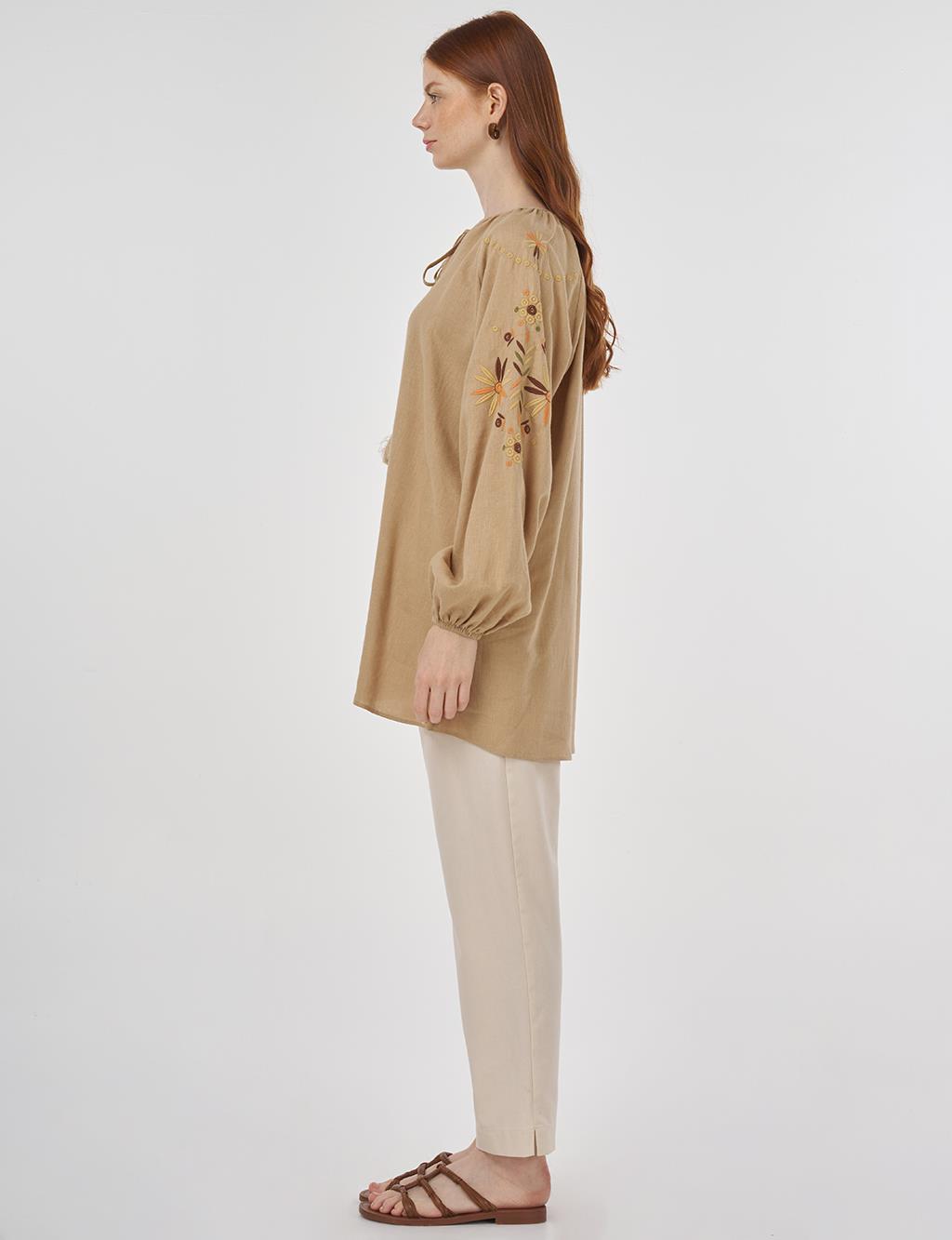 Drawstring Linen Viscose Blouse Beige