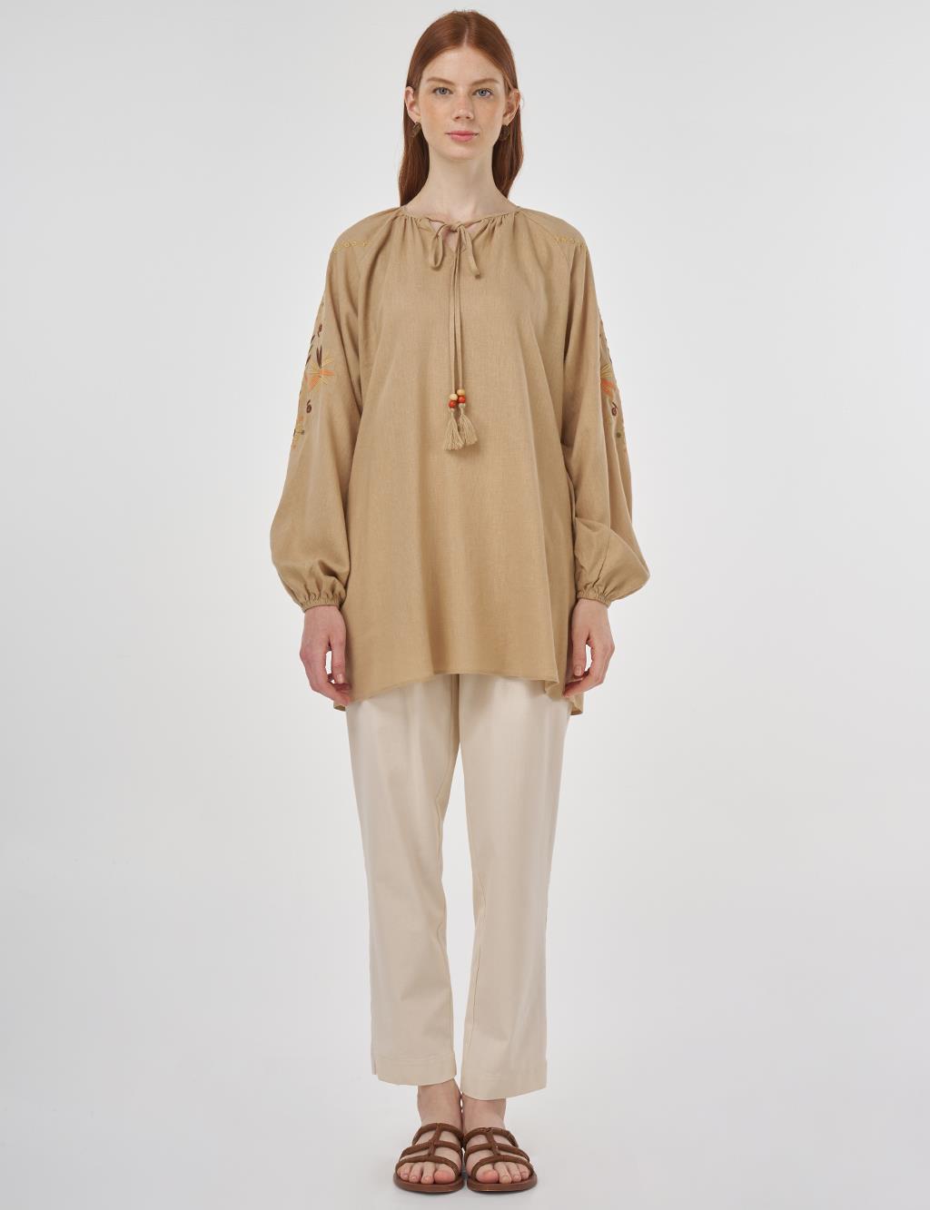 Drawstring Linen Viscose Blouse Beige