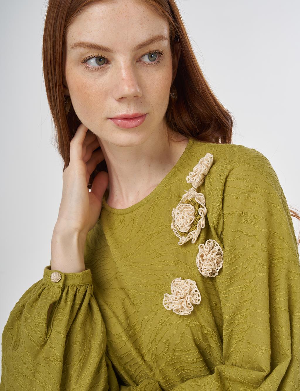Floral Appliqué Cotton Blouse in Khaki