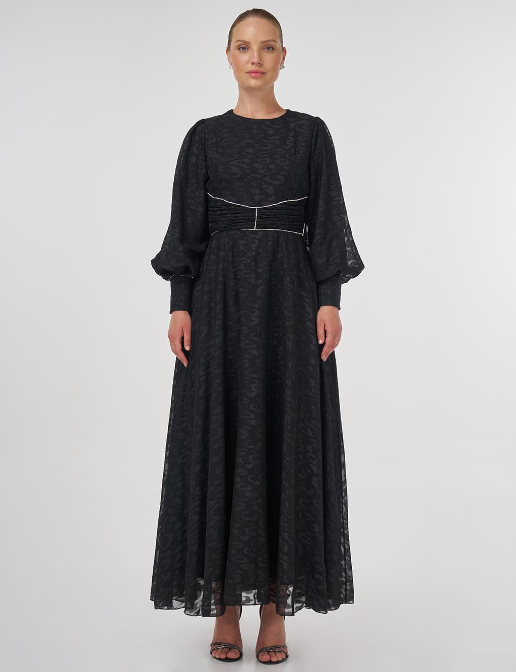 Drape Detailed Jacquard Dress Black