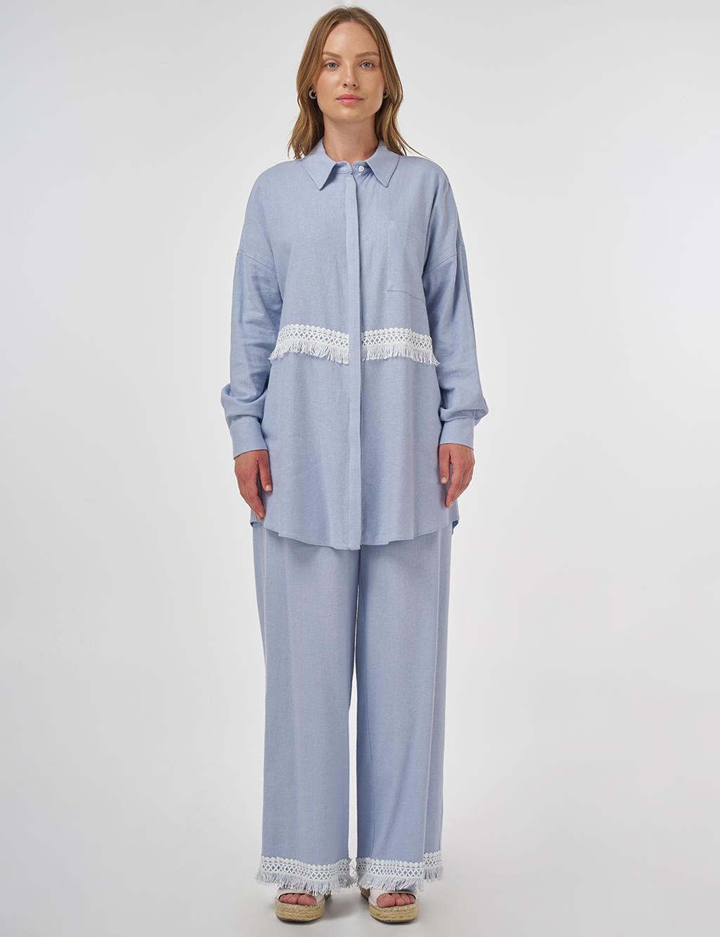 Lace-Trimmed Linen-Viscose Two-Piece Set Crown Blue