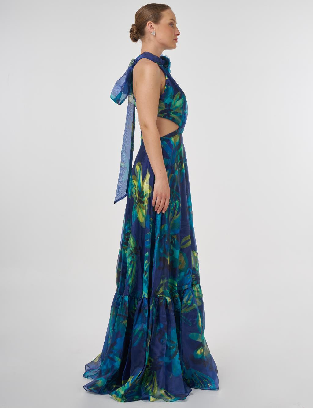 Abstract Pattern Ruffled Evening Dress Blue
