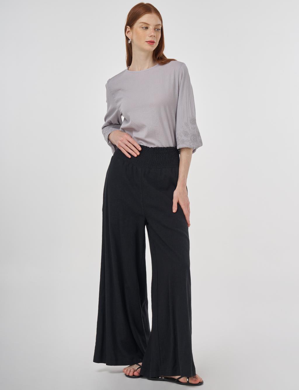 Smocked Stitch Linen-Viscose Pants Black 