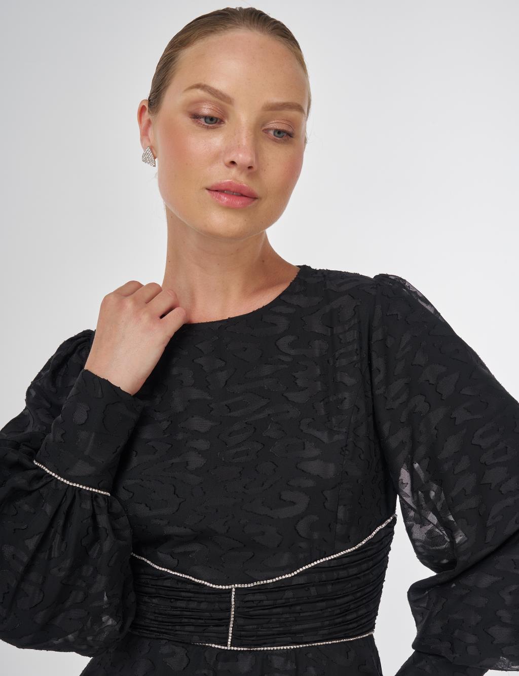 Drape Detailed Jacquard Dress Black