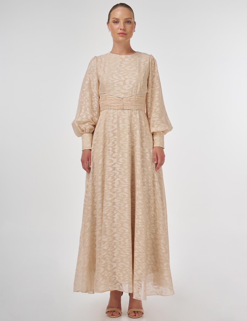 Drape Detailed Jacquard Dress Sand Beige