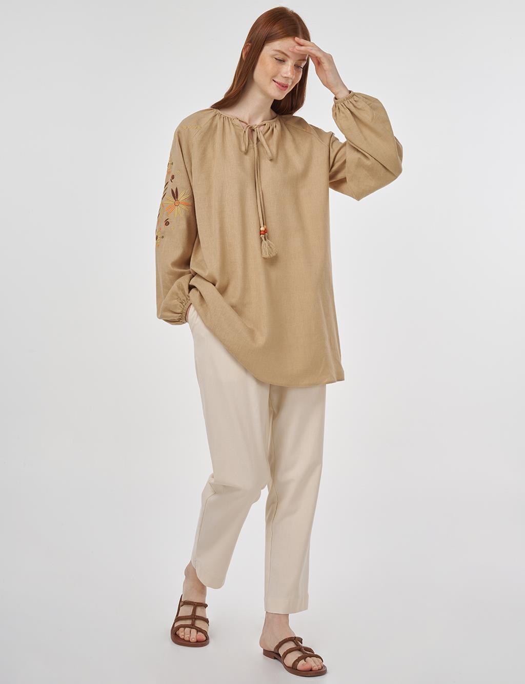 Drawstring Linen Viscose Blouse Beige