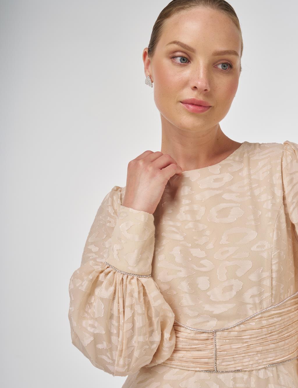 Drape Detailed Jacquard Dress Sand Beige