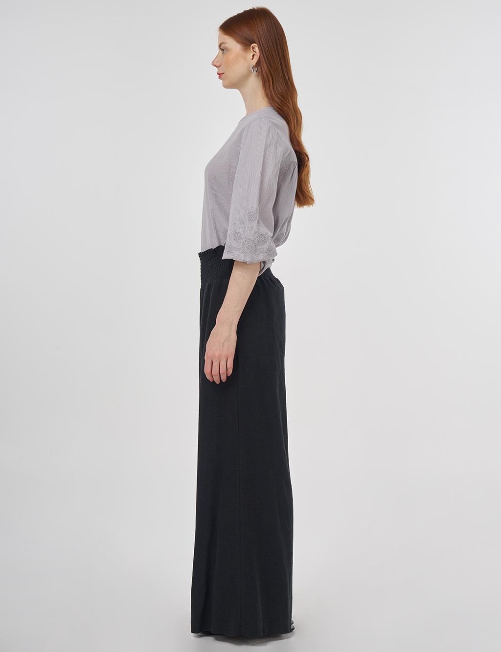 Smocked Stitch Linen-Viscose Pants Black 