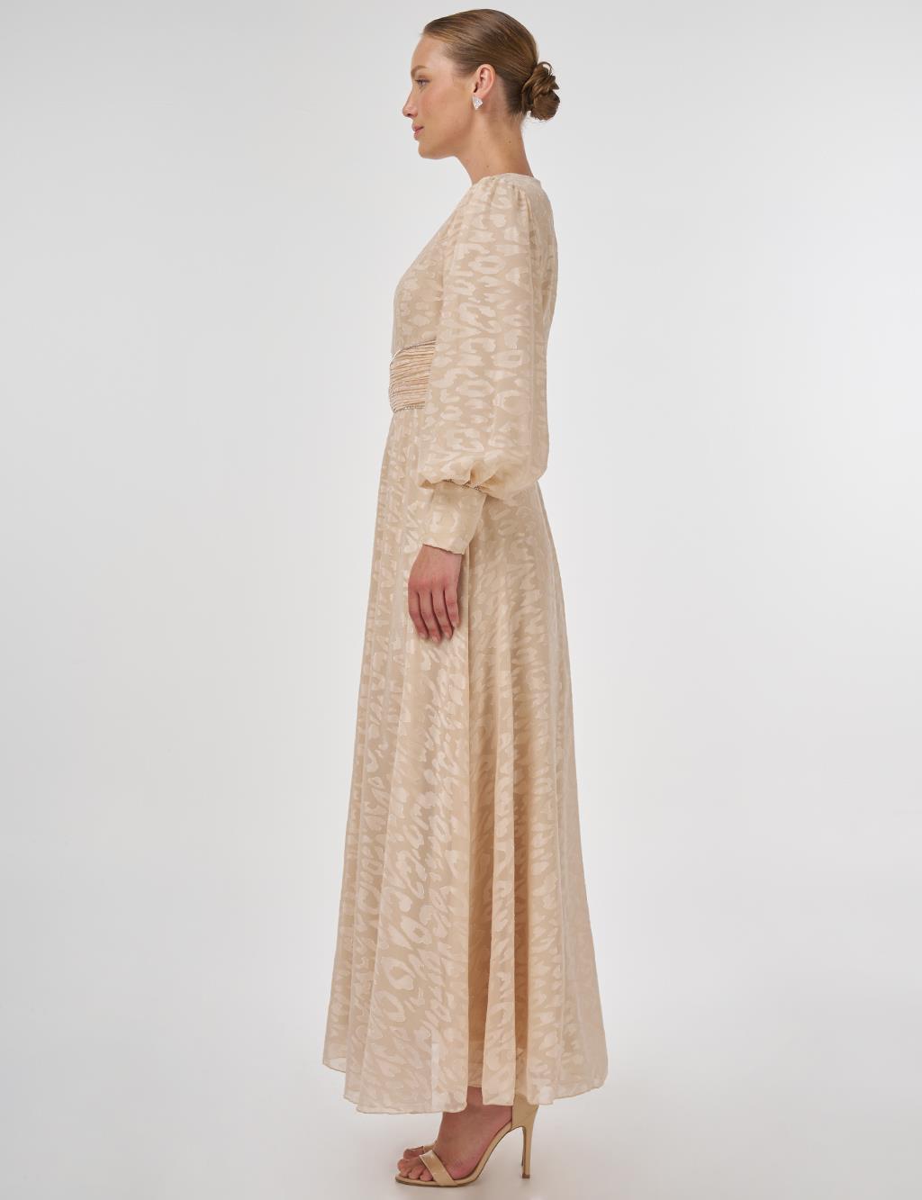Drape Detailed Jacquard Dress Sand Beige