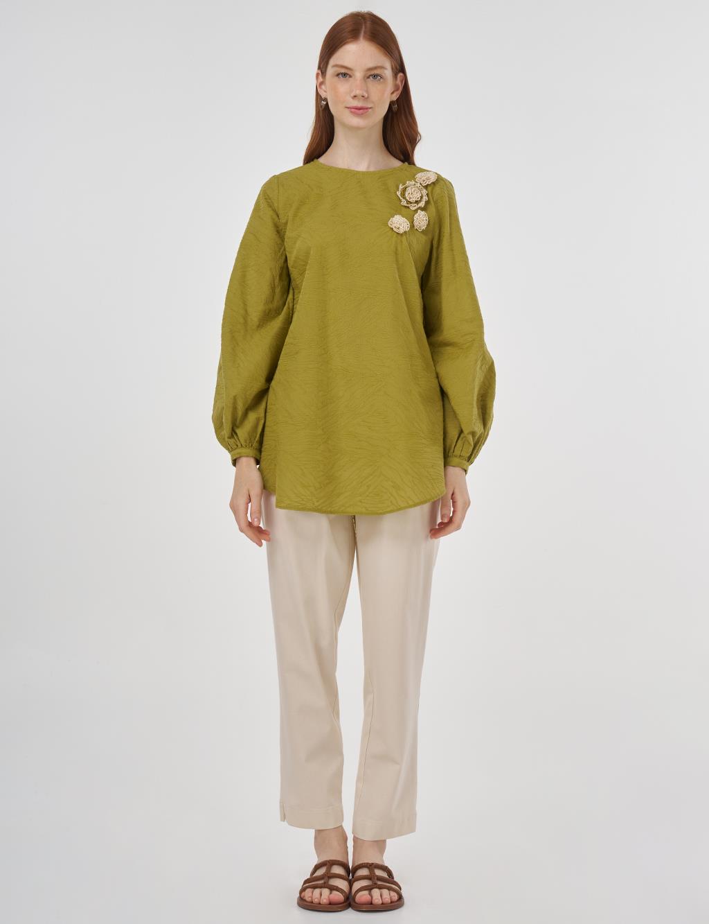 Floral Appliqué Cotton Blouse in Khaki