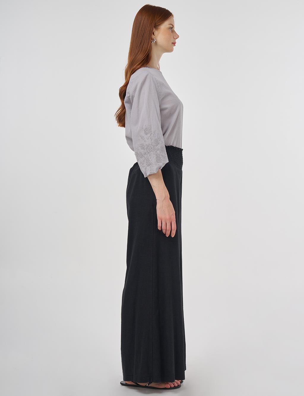 Smocked Stitch Linen-Viscose Pants Black 
