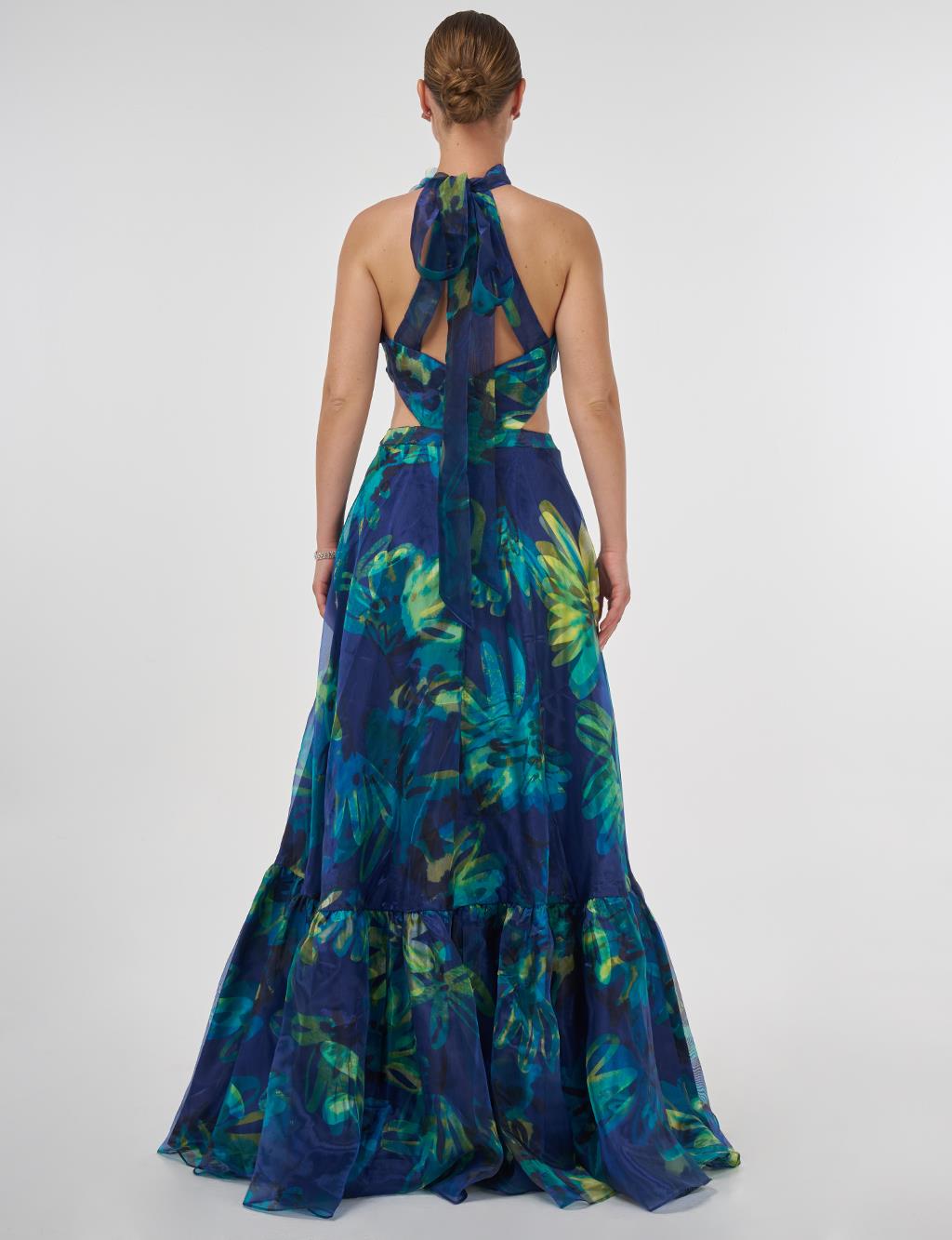 Abstract Pattern Ruffled Evening Dress Blue