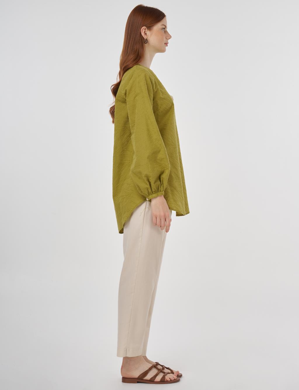 Floral Appliqué Cotton Blouse in Khaki