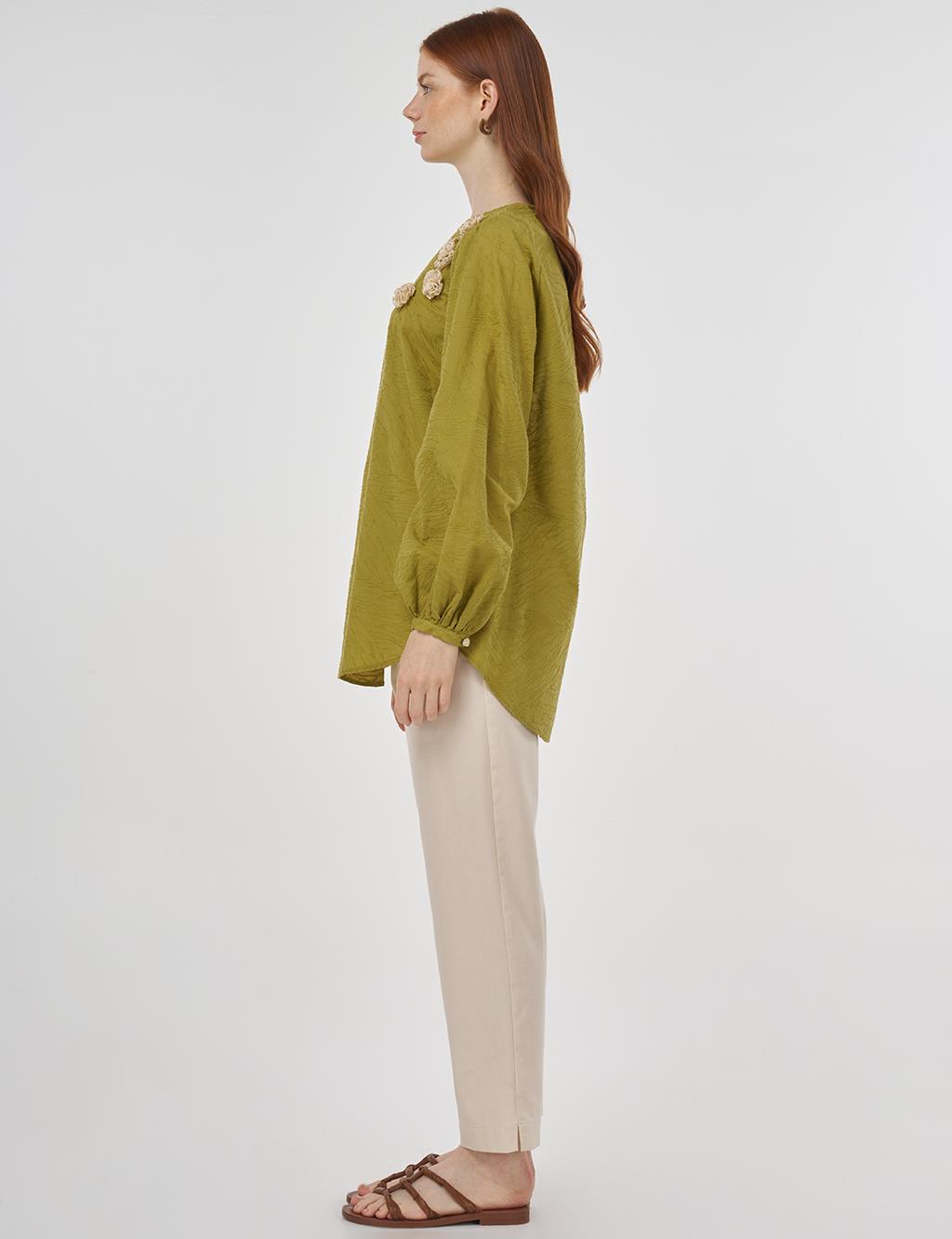 Floral Appliqué Cotton Blouse in Khaki