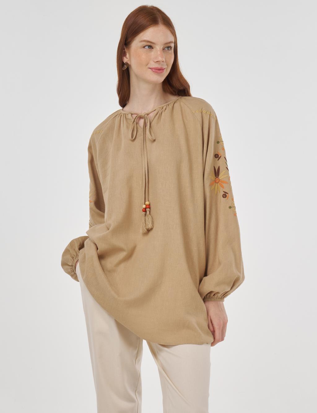 Drawstring Linen Viscose Blouse Beige