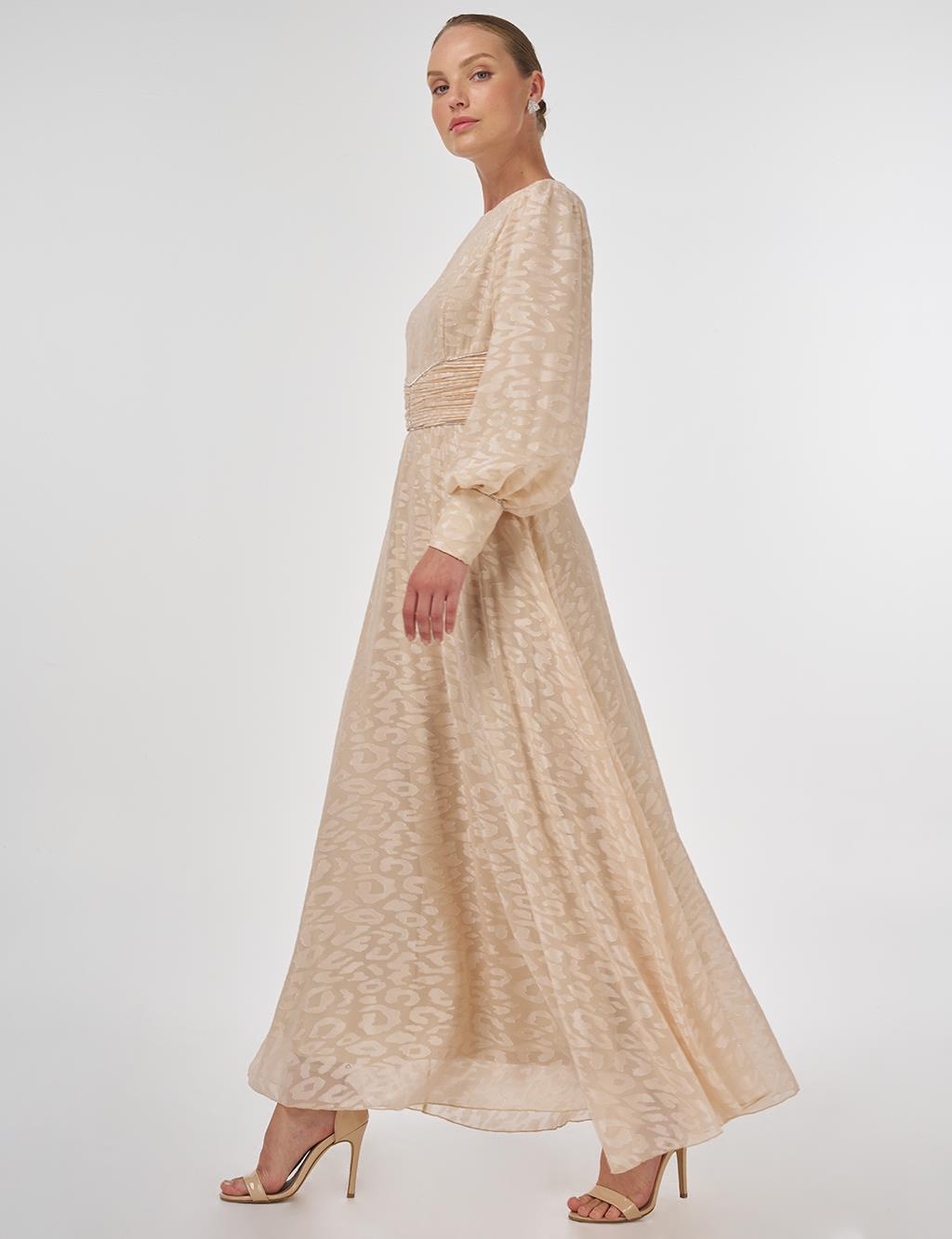 Drape Detailed Jacquard Dress Sand Beige