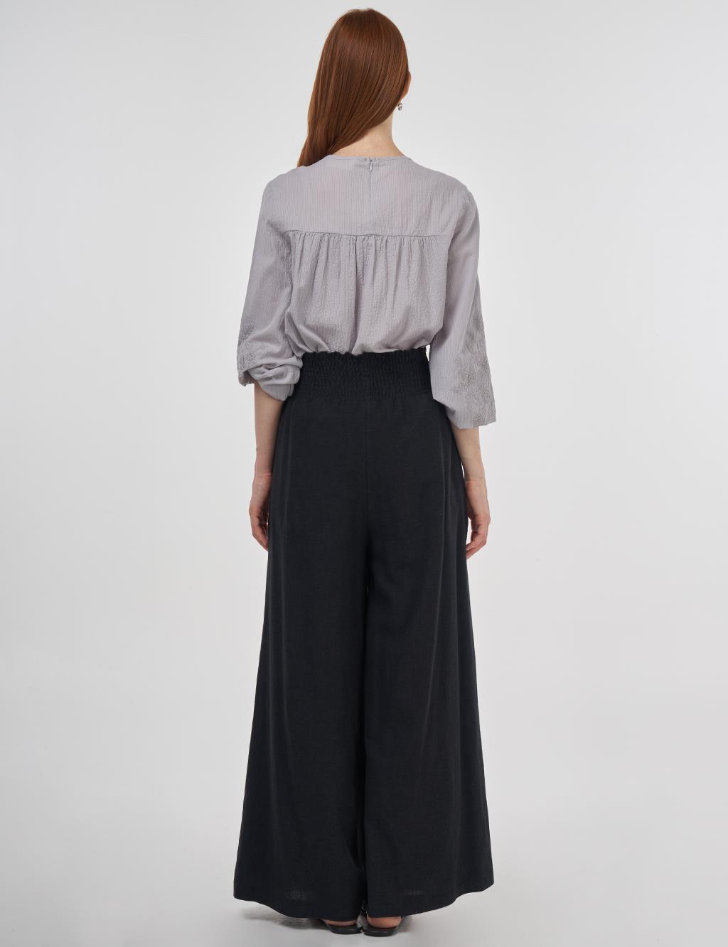 Smocked Stitch Linen-Viscose Pants Black 