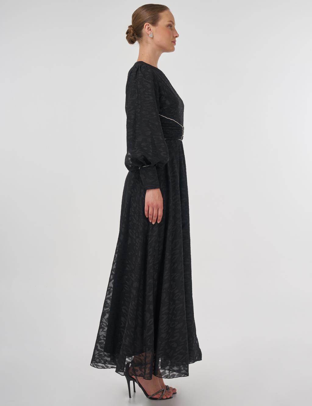 Drape Detailed Jacquard Dress Black