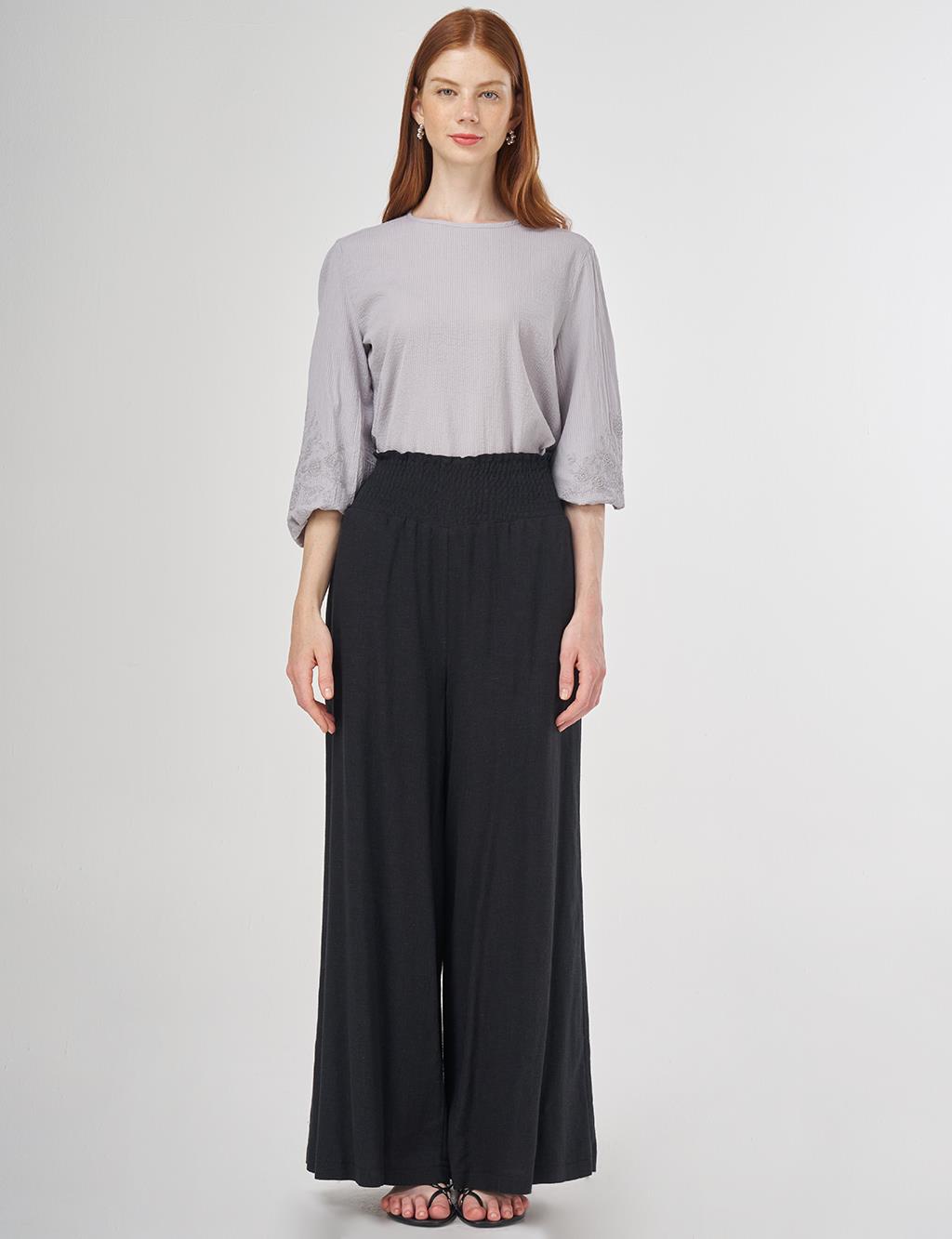 Smocked Stitch Linen-Viscose Pants Black 