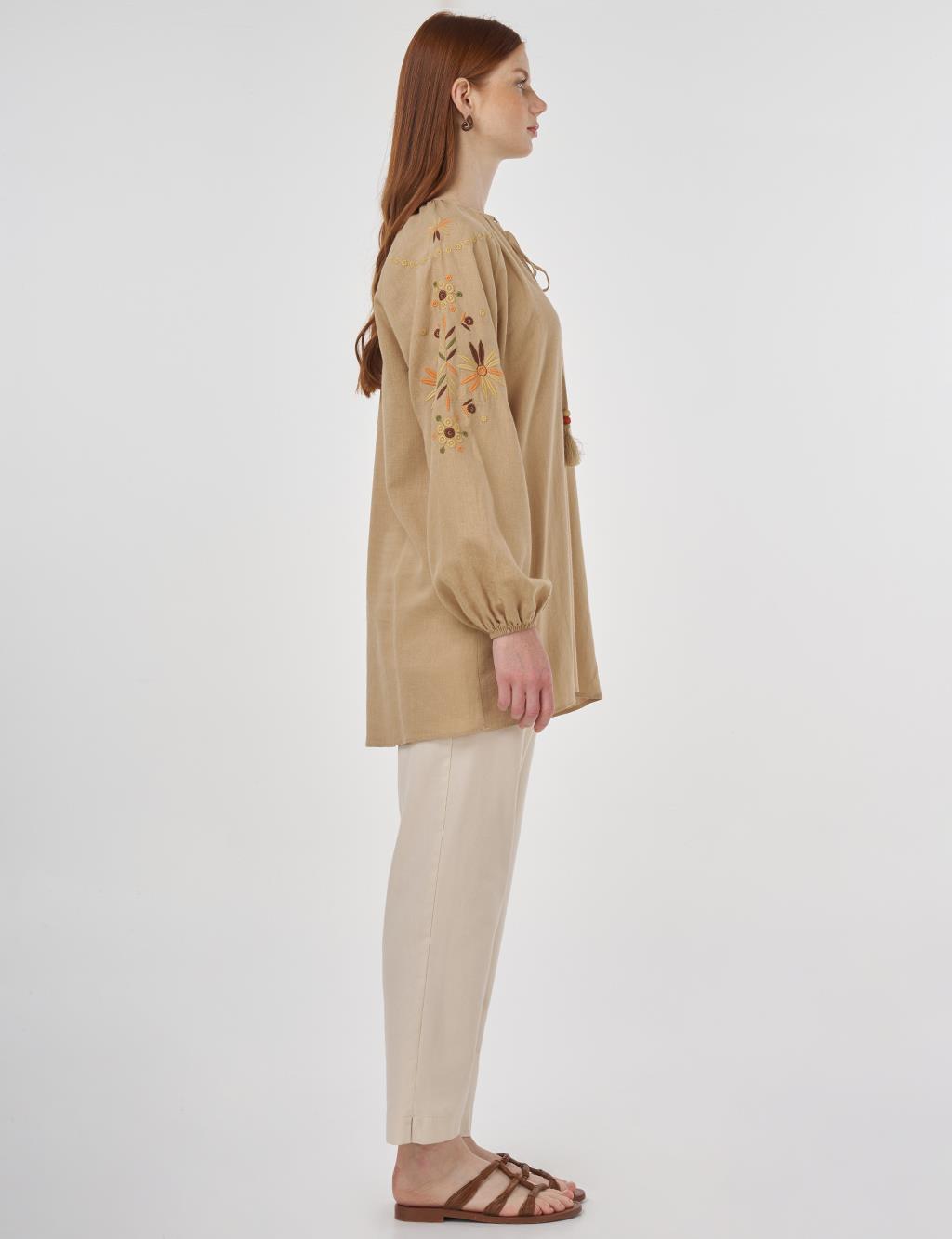 Drawstring Linen Viscose Blouse Beige