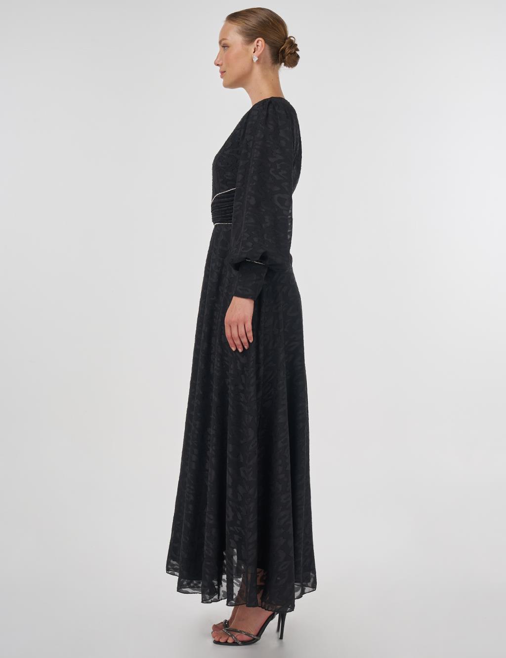 Drape Detailed Jacquard Dress Black