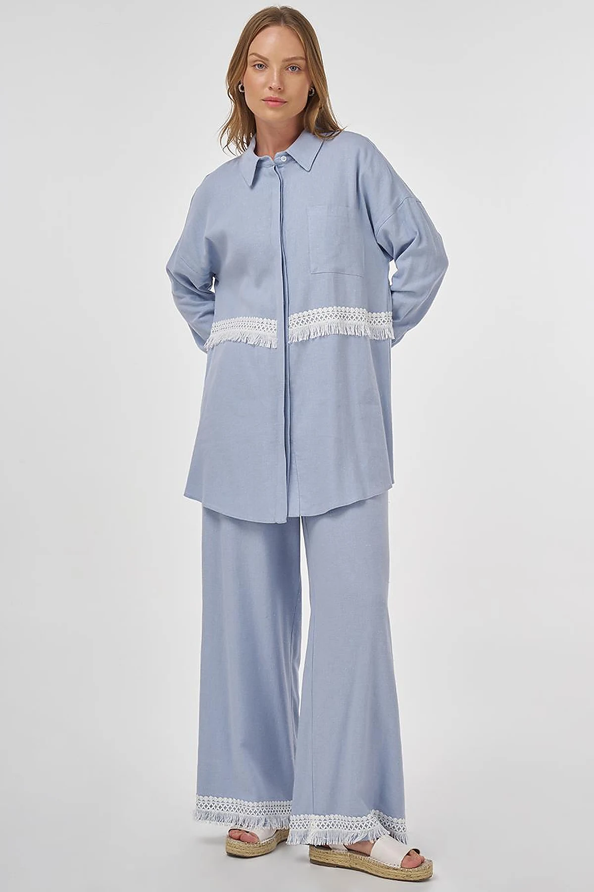 Lace-Trimmed Linen-Viscose Two-Piece Set Crown Blue