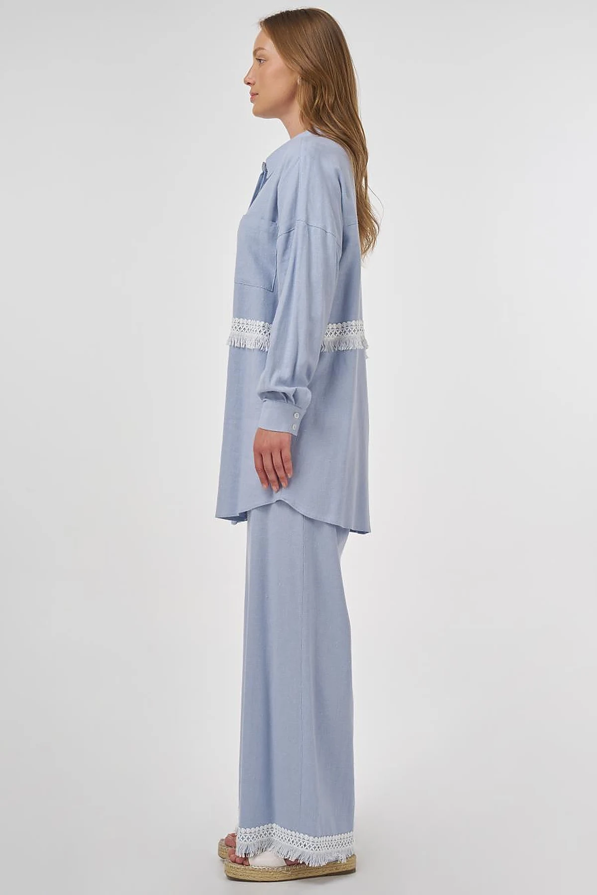 Lace-Trimmed Linen-Viscose Two-Piece Set Crown Blue