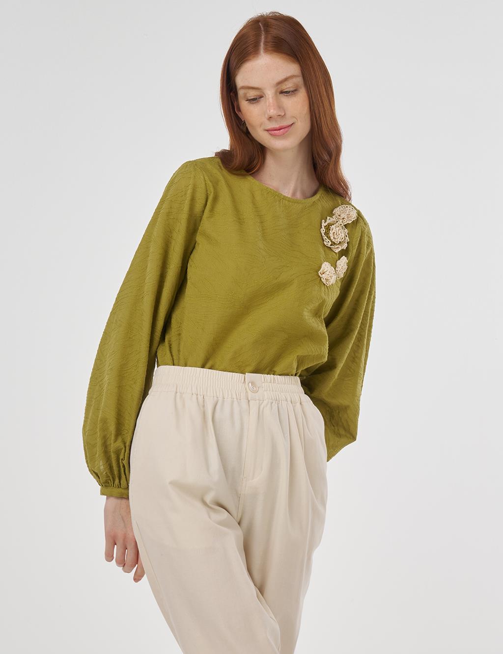 Floral Appliqué Cotton Blouse in Khaki
