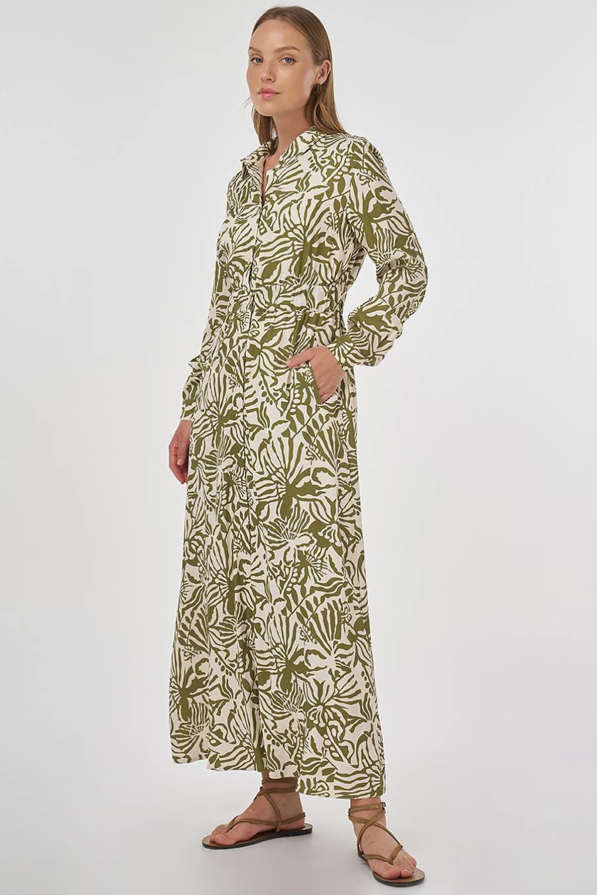 Patterned Viscose Dress Khaki
