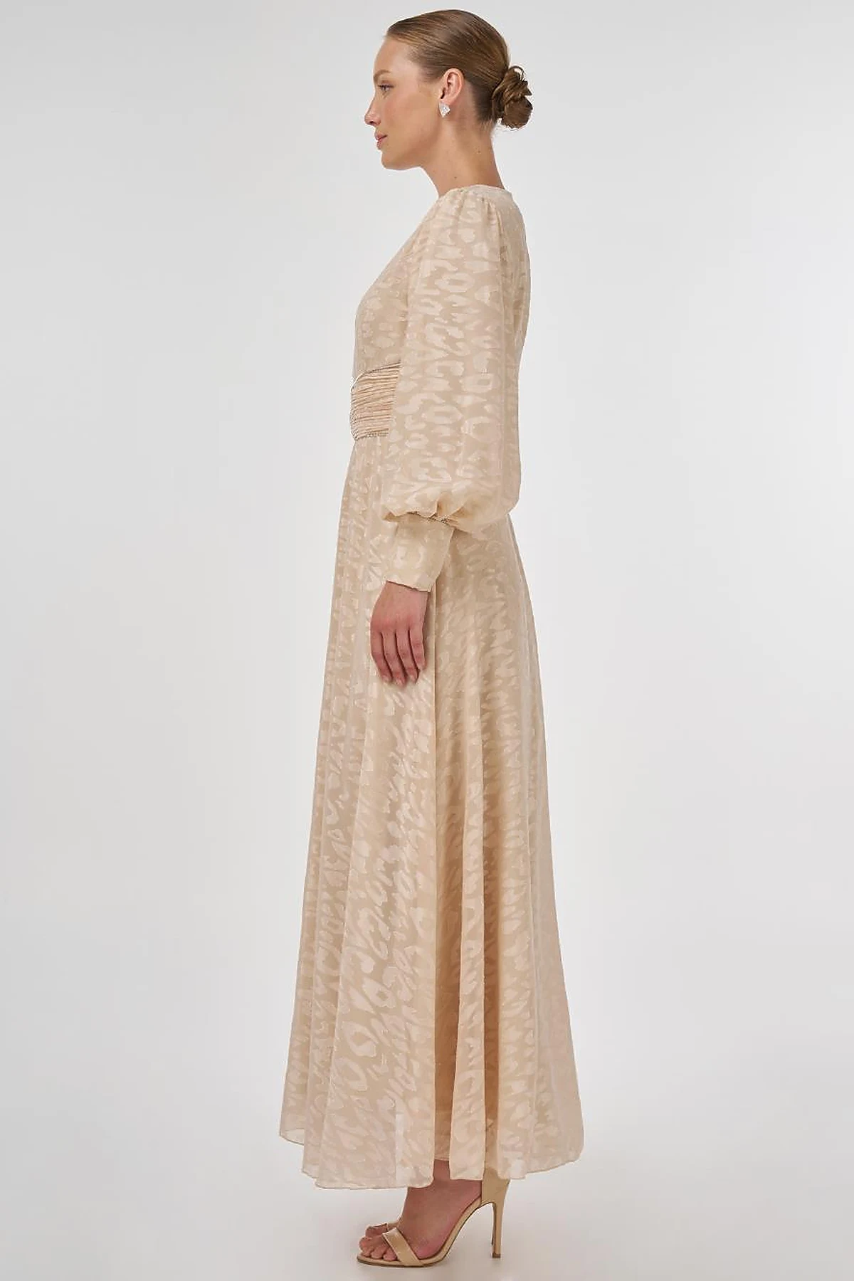Drape Detaylı Jakarlı Elbise Kum Beji