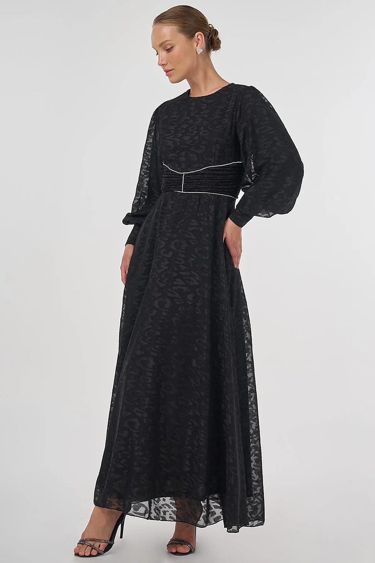 Drape Detaylı Jakarlı Elbise Siyah