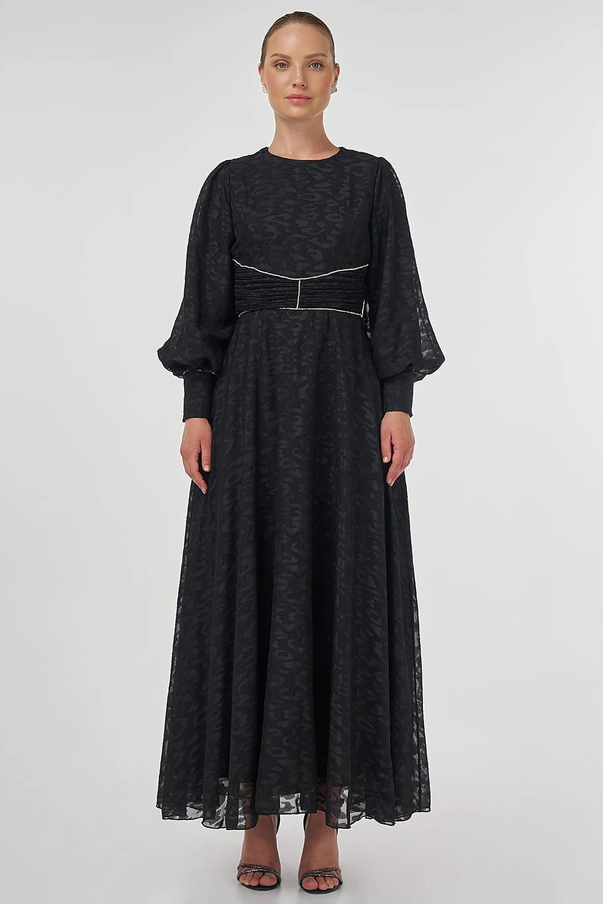 Drape Detaylı Jakarlı Elbise Siyah