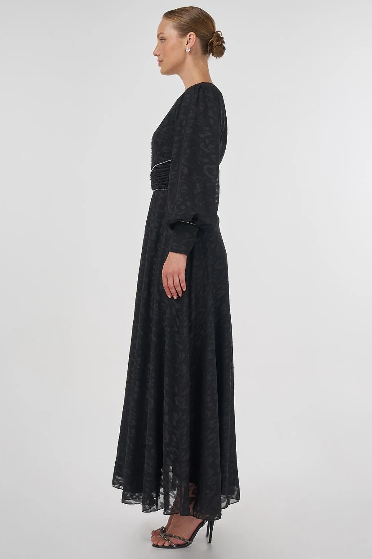 Drape Detaylı Jakarlı Elbise Siyah
