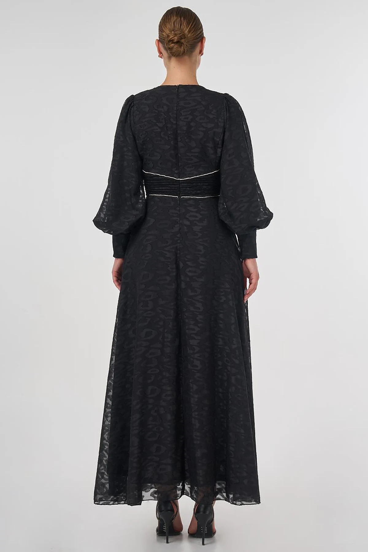 Drape Detaylı Jakarlı Elbise Siyah