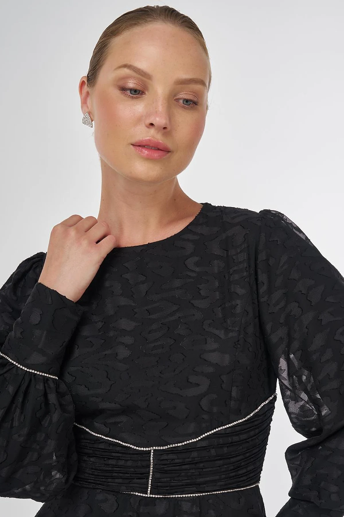 Drape Detaylı Jakarlı Elbise Siyah