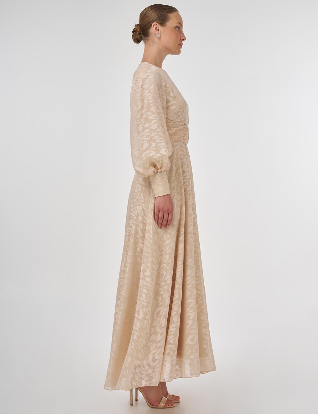 Drape Detailed Jacquard Dress Sand Beige