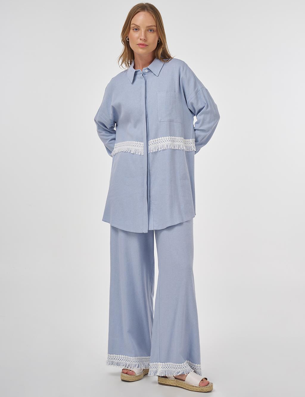 Lace-Trimmed Linen-Viscose Two-Piece Set Crown Blue
