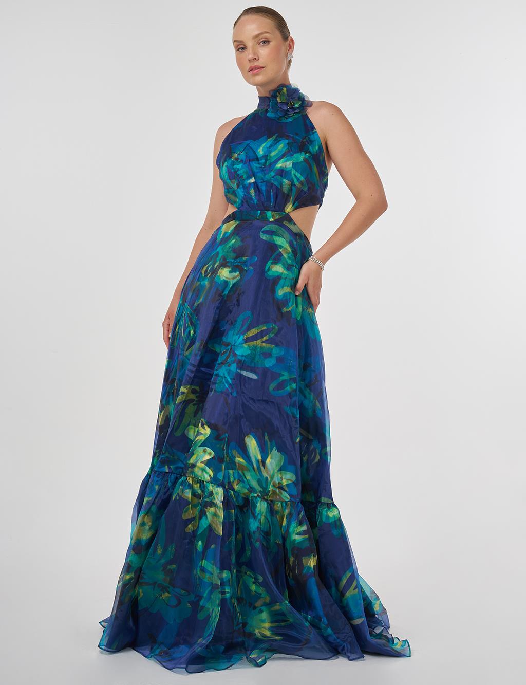 Abstract Pattern Ruffled Evening Dress Blue