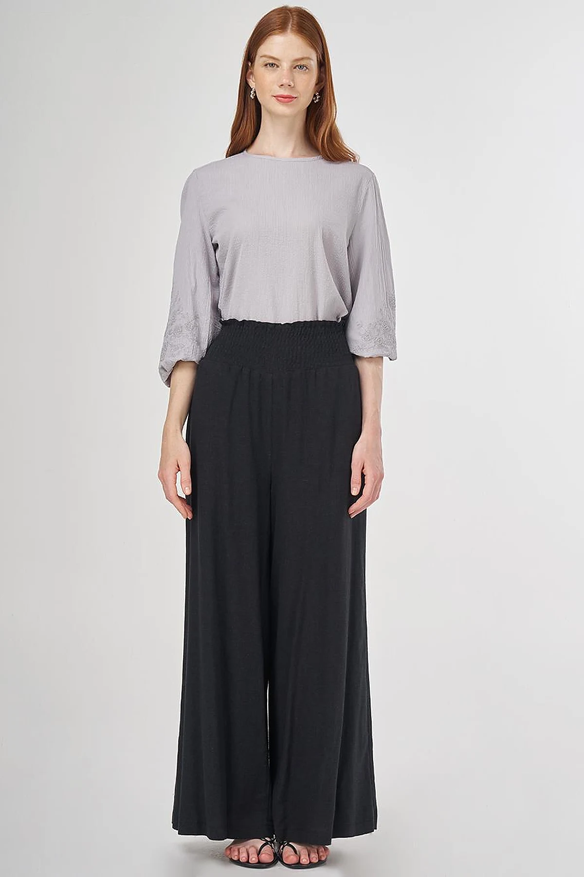Smocked Stitch Linen-Viscose Pants Black 