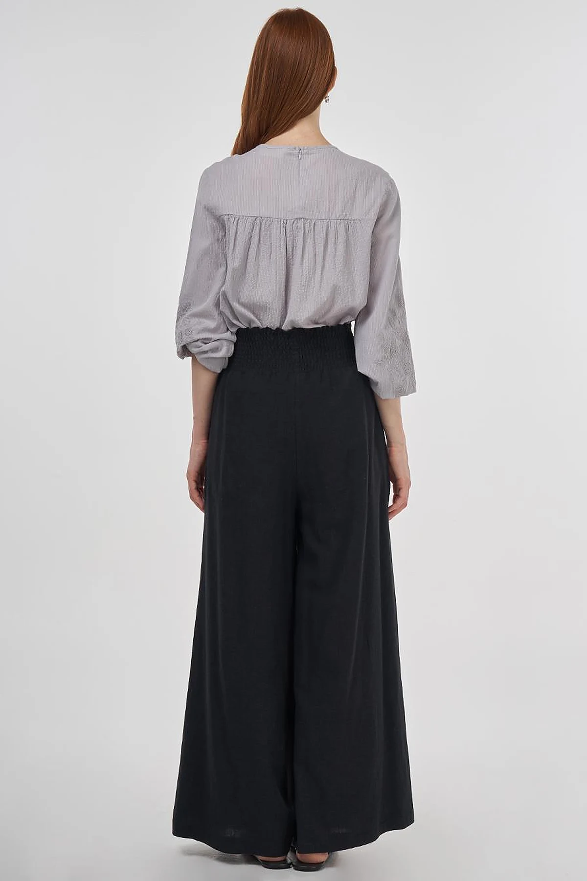 Smocked Stitch Linen-Viscose Pants Black 
