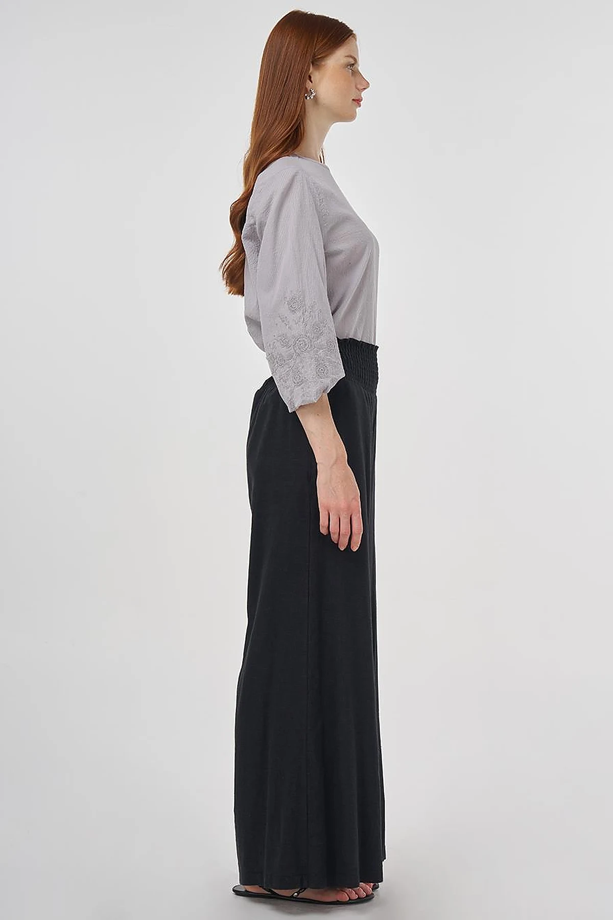 Smocked Stitch Linen-Viscose Pants Black 
