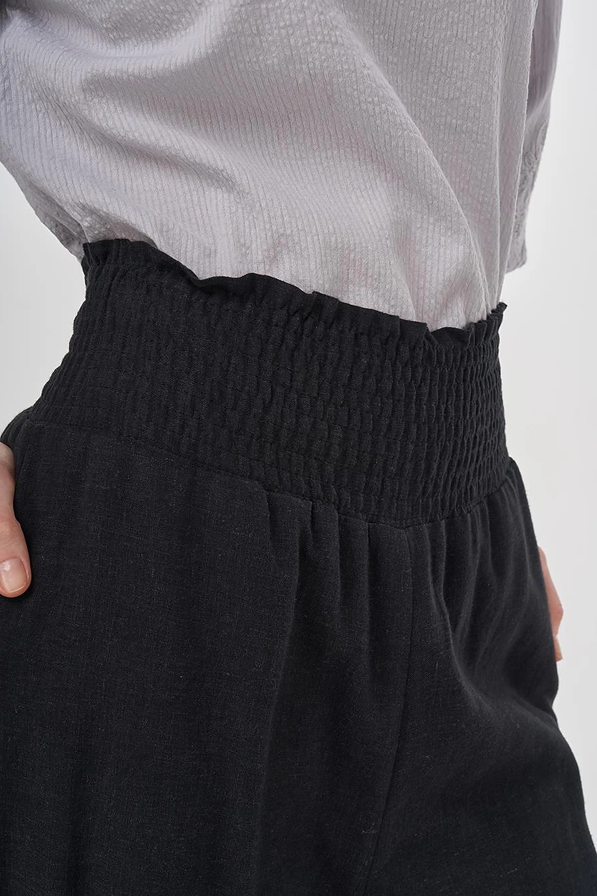 Smocked Stitch Linen-Viscose Pants Black 
