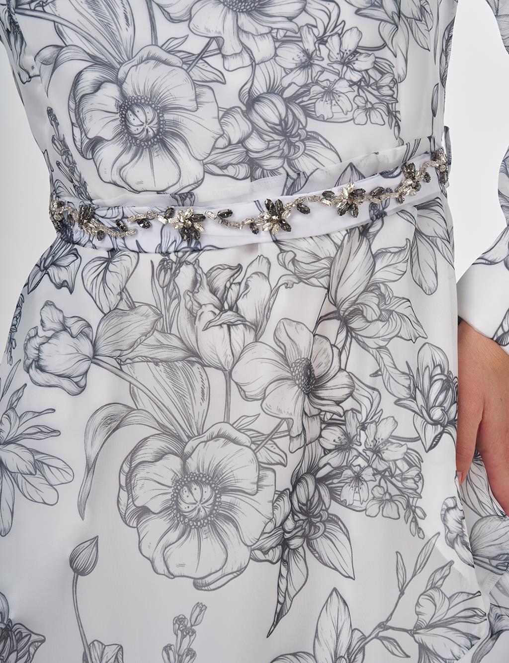Floral Desen Organze Elbise Ekru 