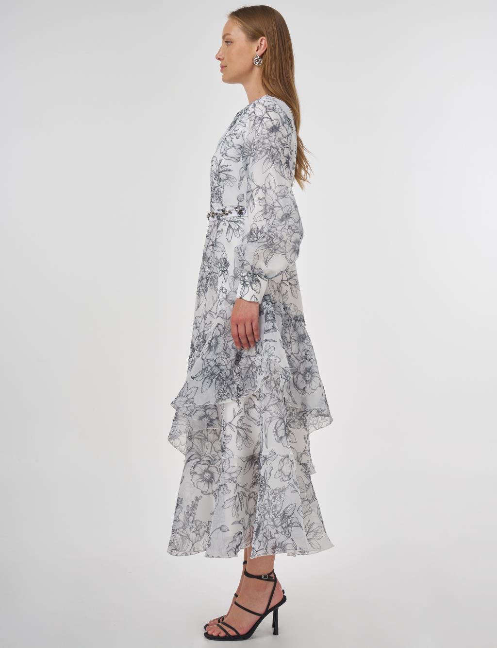 Floral Desen Organze Elbise Ekru 