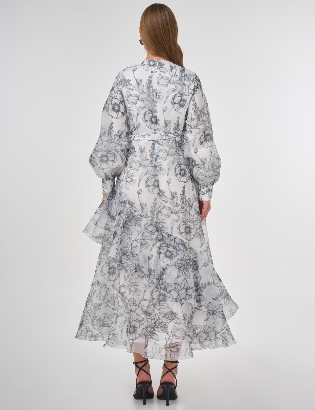 Floral Desen Organze Elbise Ekru 