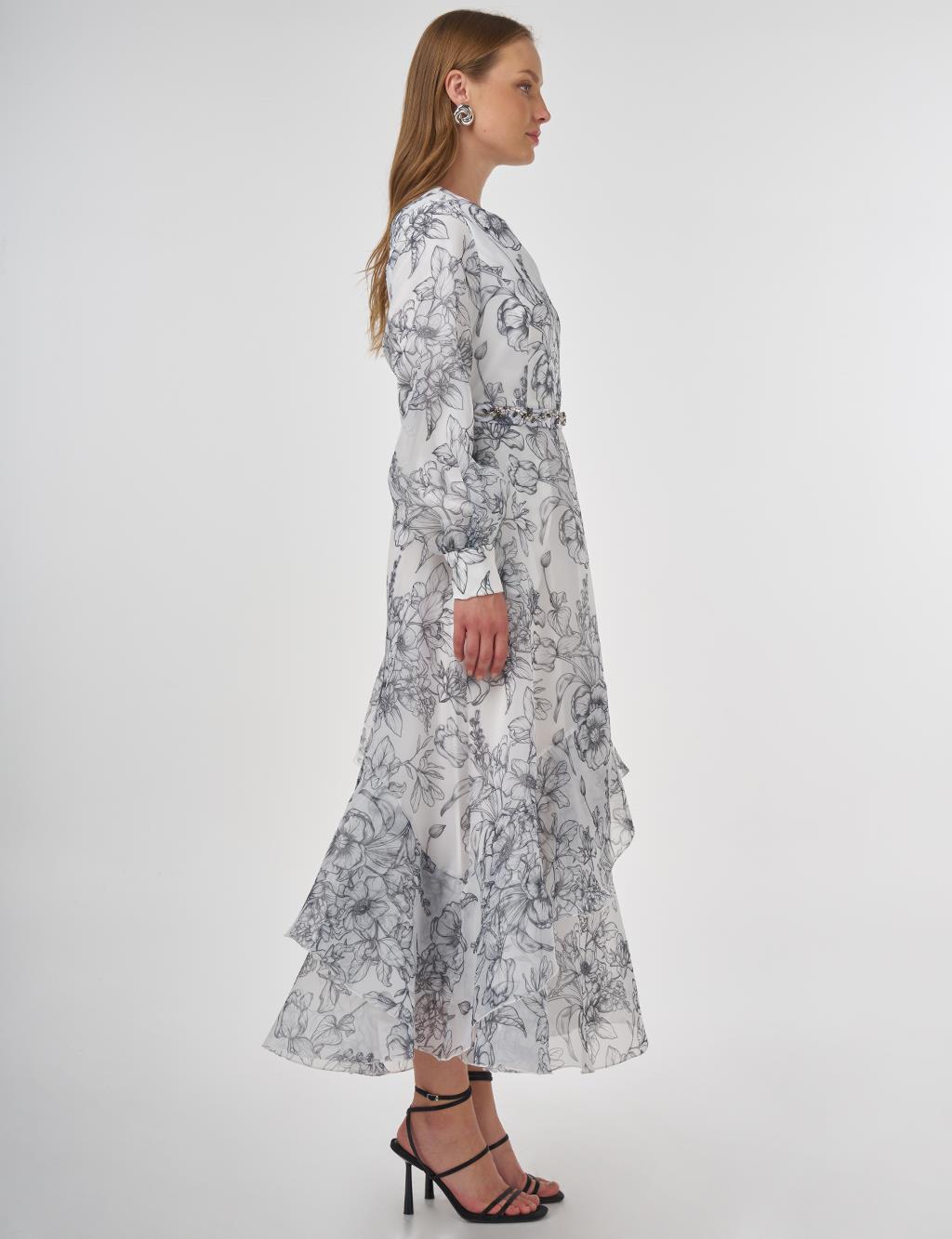 Floral Desen Organze Elbise Ekru 