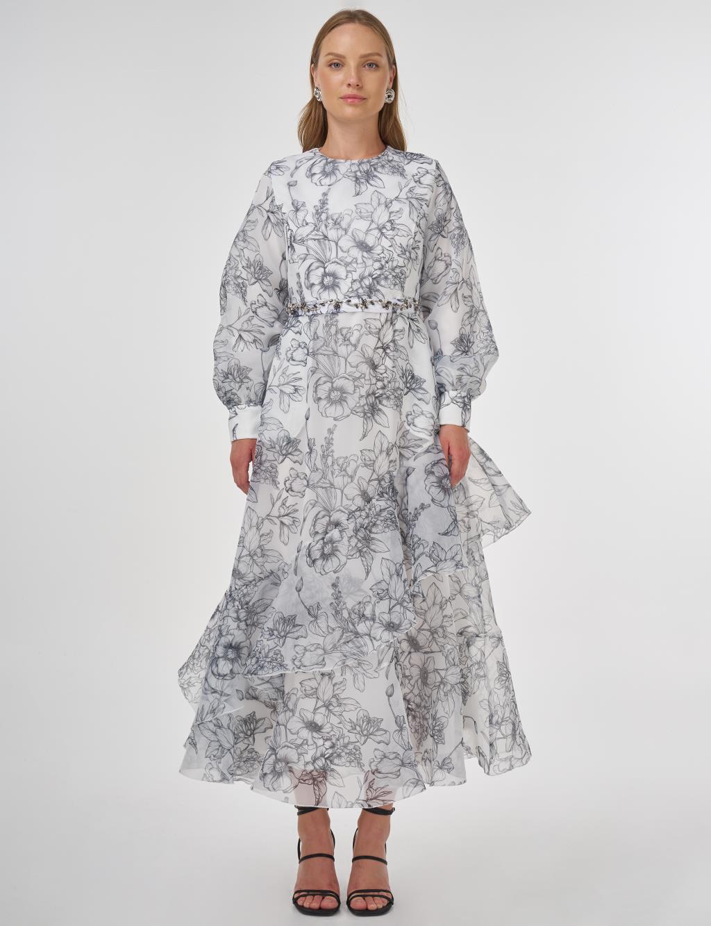 Floral Desen Organze Elbise Ekru 