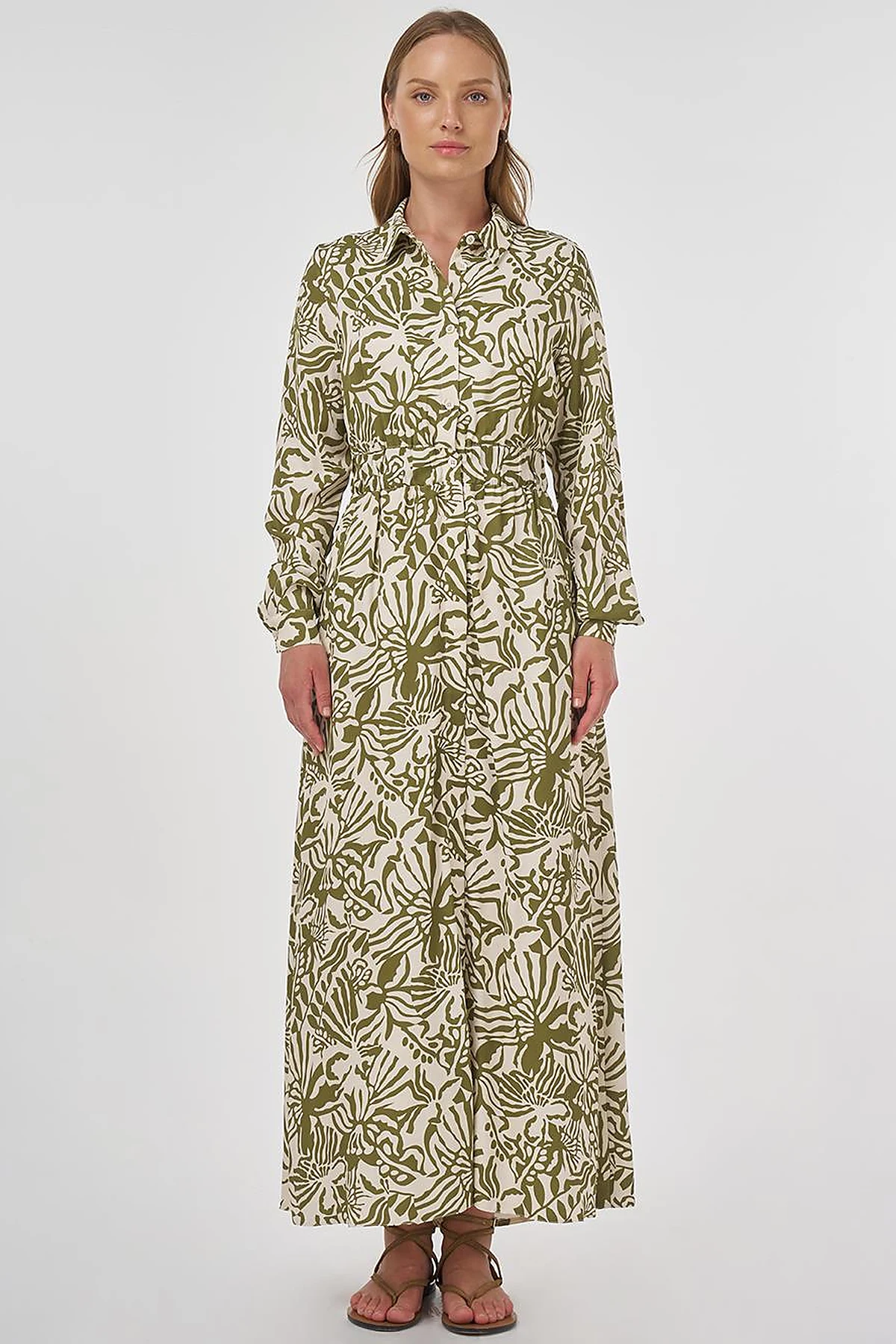 Patterned Viscose Dress Khaki